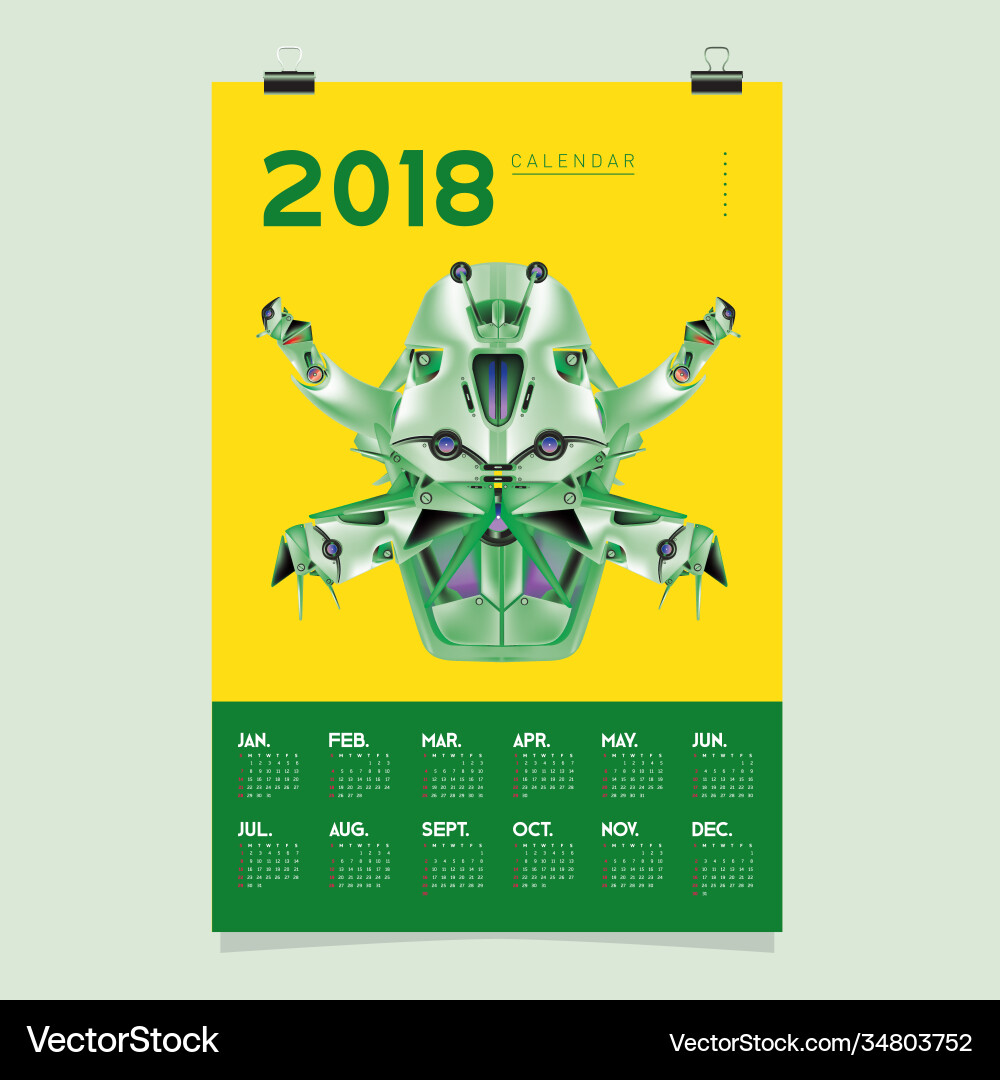 2018 calendar design template 3d realistic robot 2018 calendar design template 3d realistic robot vector image