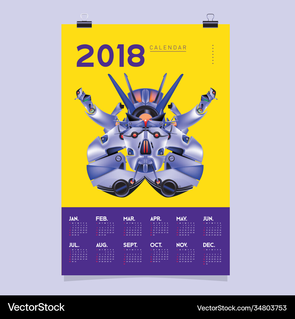 2018 calendar design template 3d realistic robot 2018 calendar design template 3d realistic robot vector image