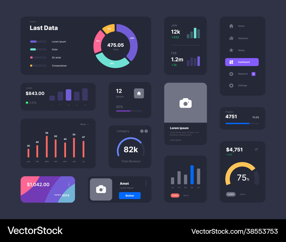 Dark UI Dashboard Wireframes Vector Image