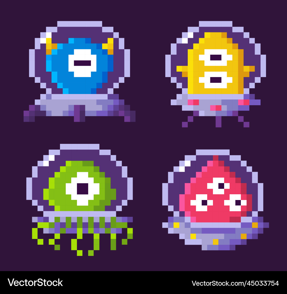 Aliens floating in space pixel game graphics set Aliens floating in space pixel game graphics set vector image