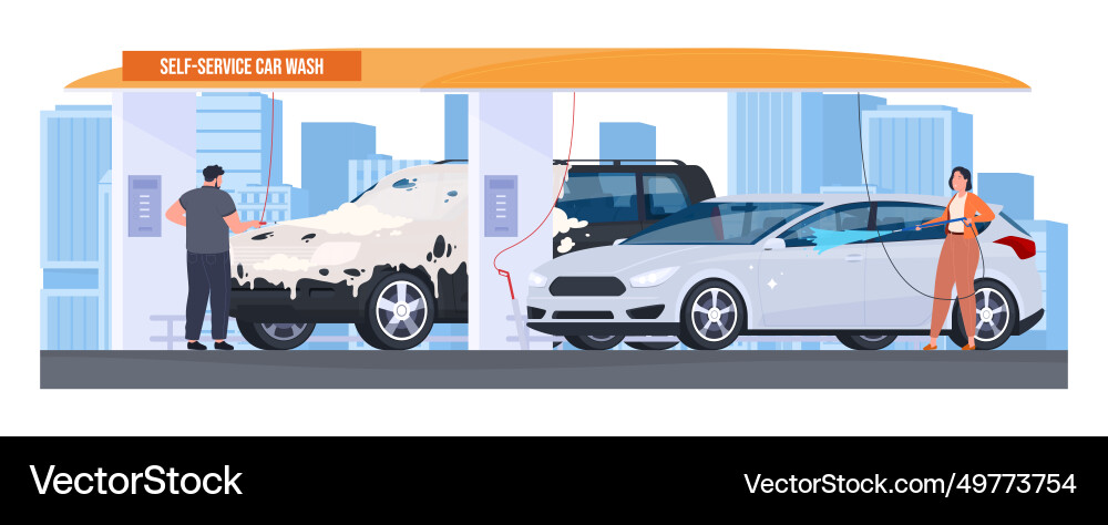 Car wash people their cars at a self-service Car wash people their cars at a self-service vector image
