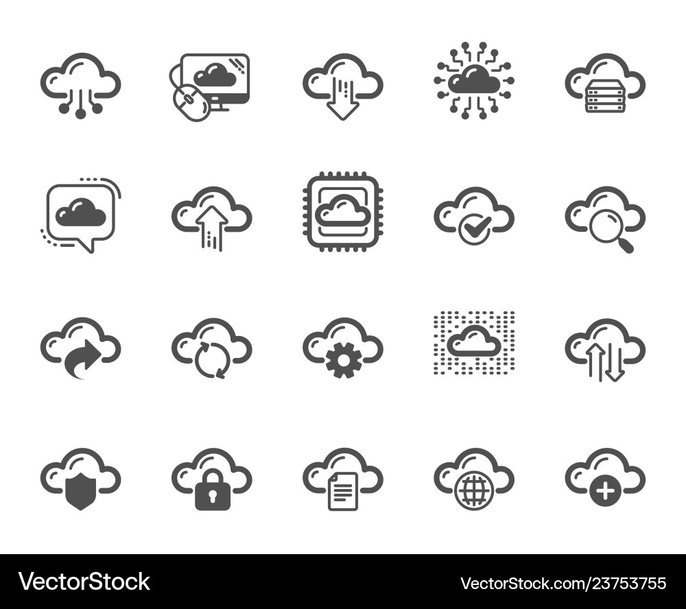 Cloud data and technology icons set of hosting Cloud data and technology icons set of hosting vector image