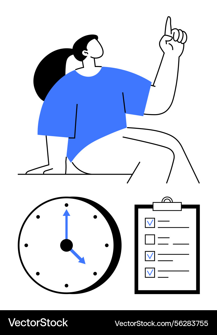 Person pointing upward with a clock and checklist Person pointing upward with a clock and checklist vector image