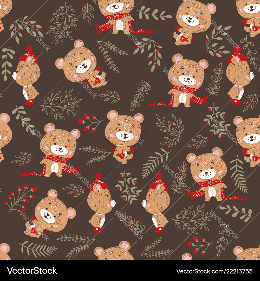 Seamless pattern with cute bear in scarf and hat Seamless pattern with cute bear in scarf and hat vector image