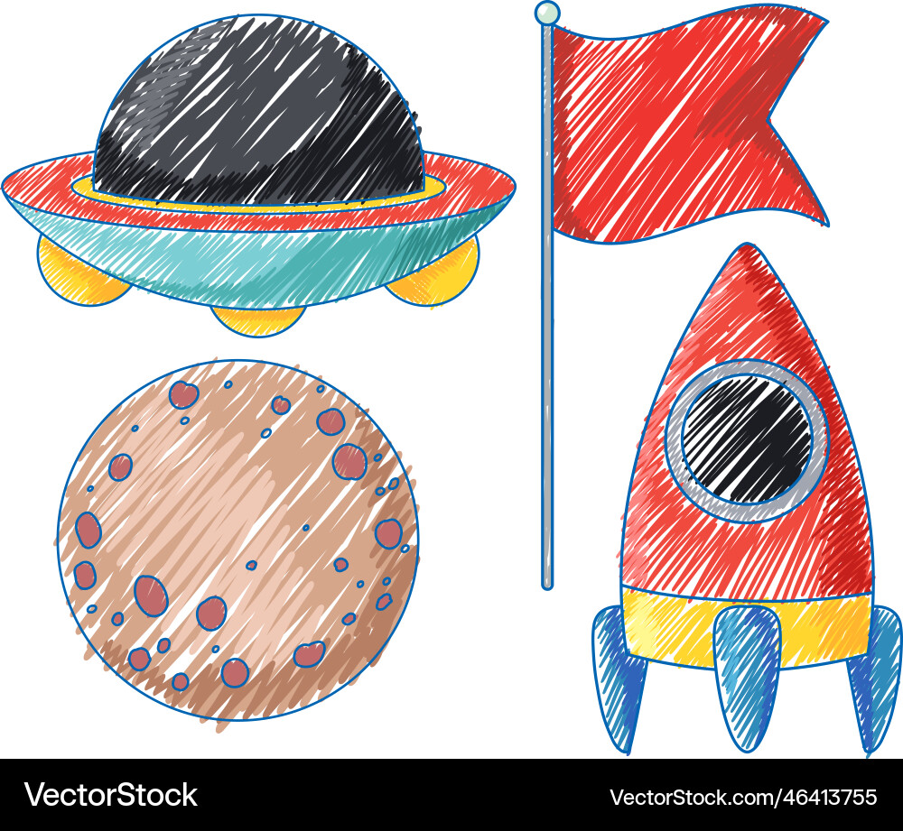 Space objects in pencil colour sketch simple style vector image