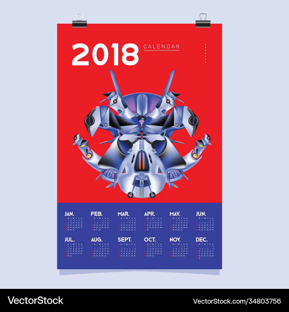 2018 calendar design template 3d realistic robot vector image