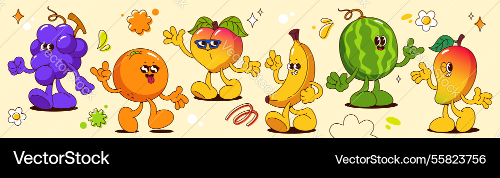 Groovy fruit characters set isolated on background Groovy fruit characters set isolated on background vector image