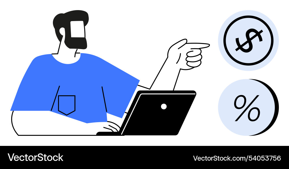 Man with beard pointing at dollar and percentage Man with beard pointing at dollar and percentage vector image