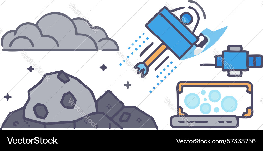Rocket launch from asteroid with data flow design vector image