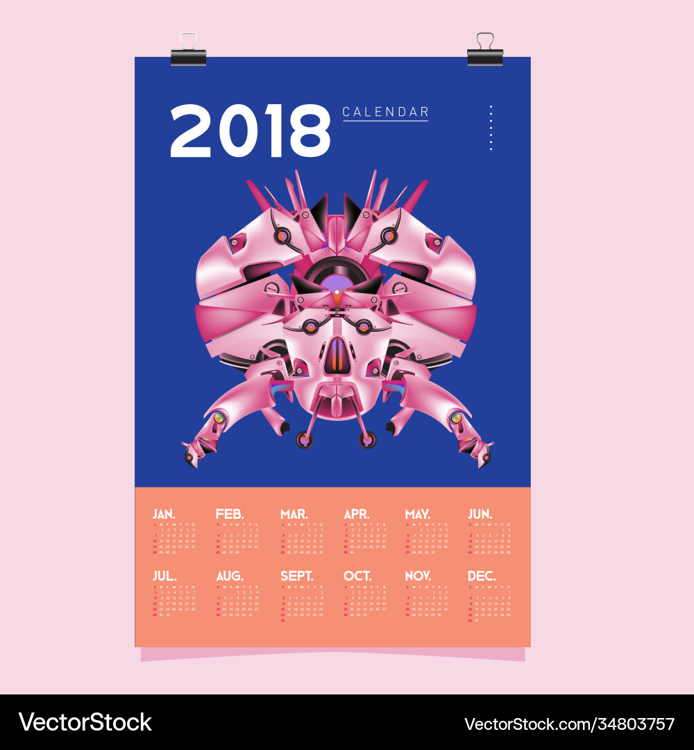 2018 calendar design template 3d realistic robot 2018 calendar design template 3d realistic robot vector image