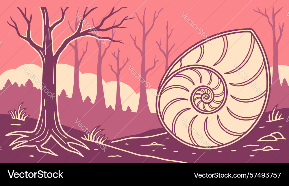 Giant spiral shell and bare tree in a mysterious vector image