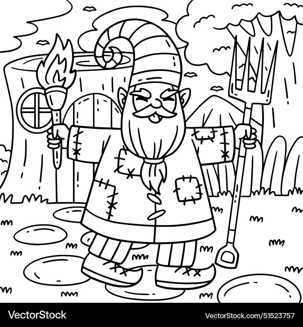 Gnome with a torch and pitch fork coloring page vector image