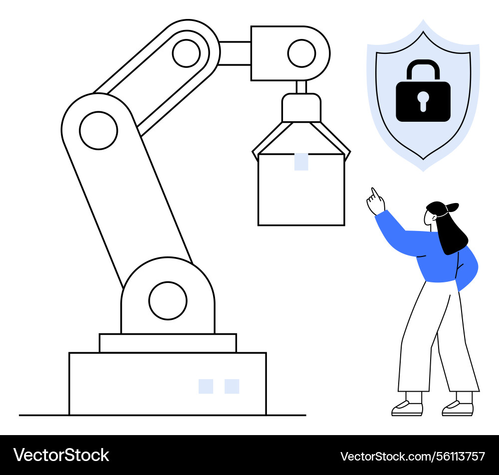 Robotic arm in action with shield highlighting Vector Image
