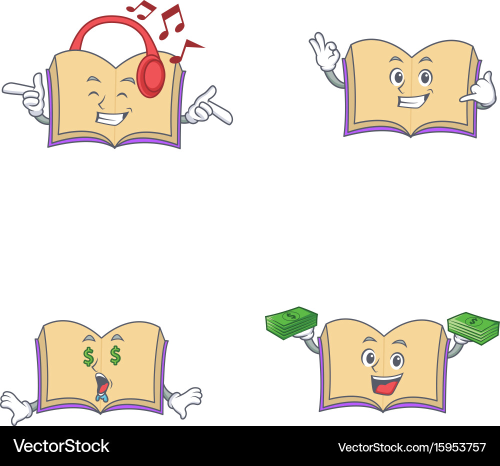Set of open book character with listening call me vector image