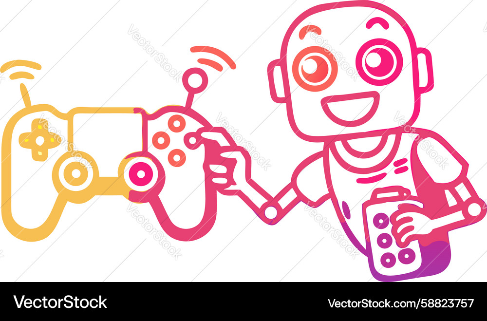 Smiling robot playing a video game enjoying Vector Image