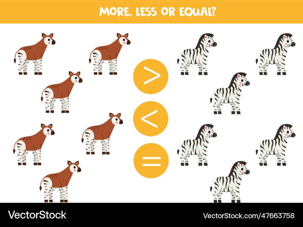 More less or equal with cartoon okapi and zebra More less or equal with cartoon okapi and zebra vector image