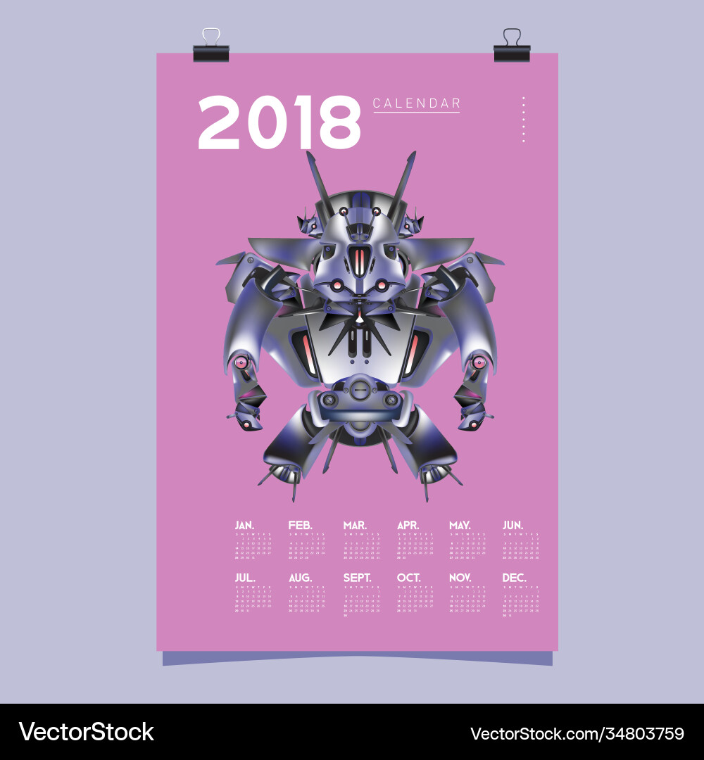 2018 calendar design template 3d realistic robot 2018 calendar design template 3d realistic robot vector image