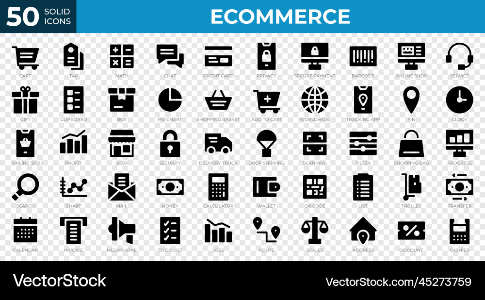 Set of 50 ecommerce web icons in solid style Set of 50 ecommerce web icons in solid style vector image