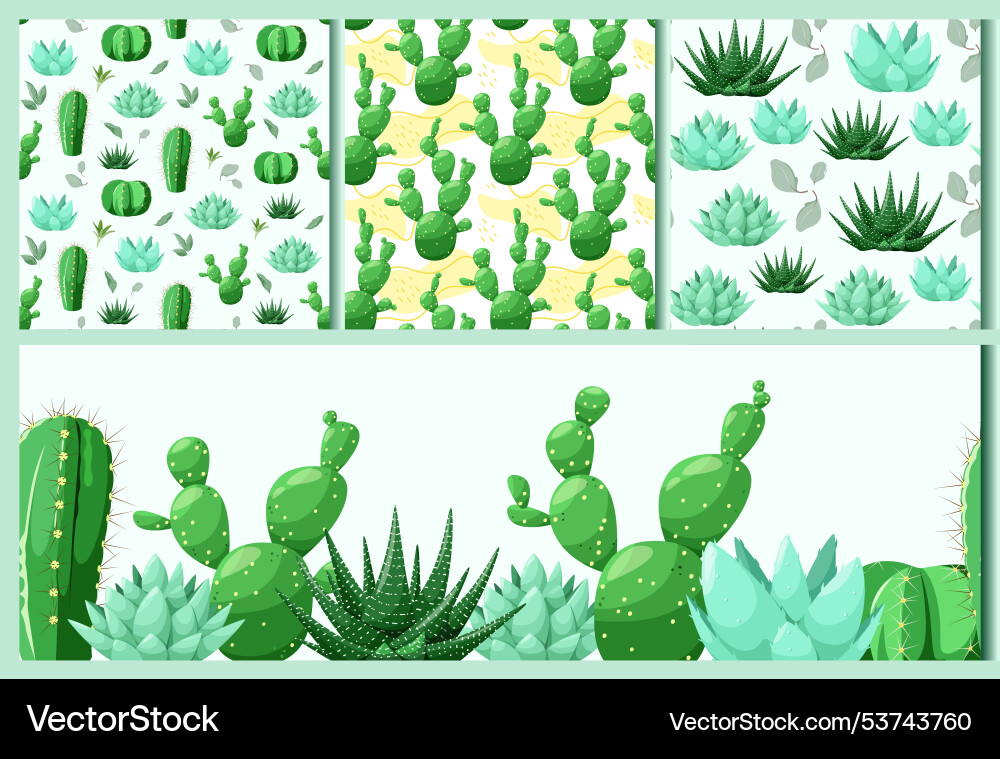 A set of seamless patterns with cacti and succulen A set of seamless patterns with cacti and succulen vector image