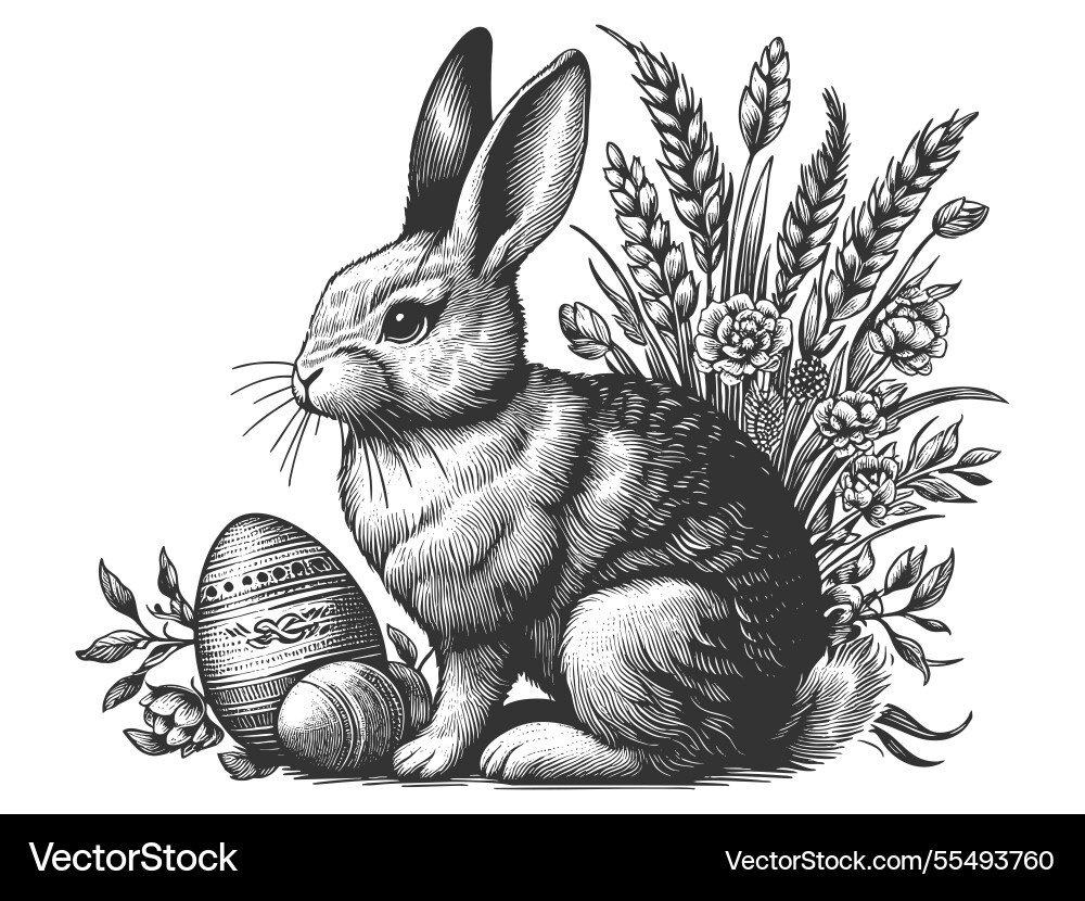 Easter bunny with eggs engraving Easter bunny with eggs engraving vector image