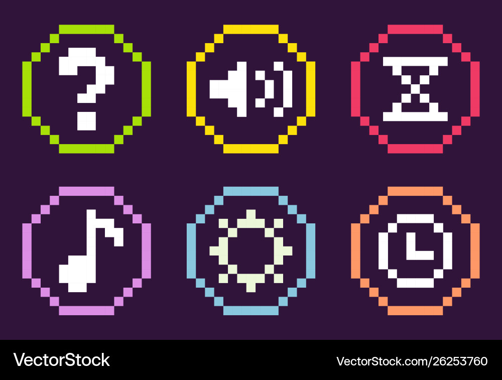 Pixel icons game sound and note time clock Vector Image