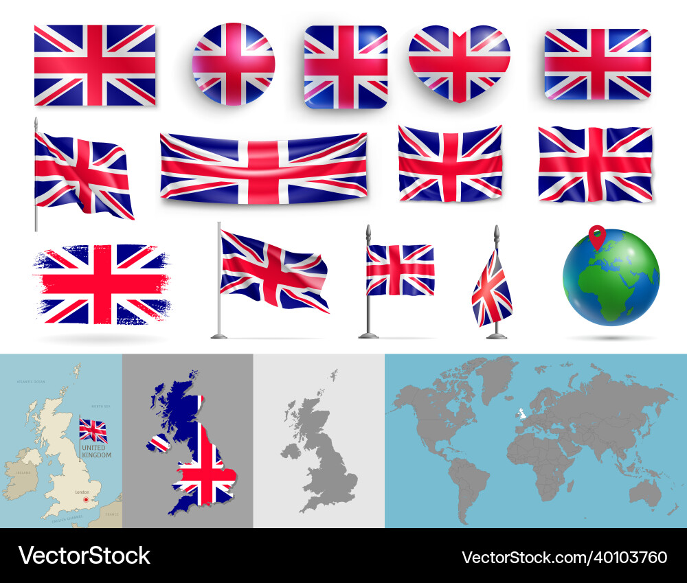 Set of uk flags various shapes and maps Set of uk flags various shapes and maps vector image