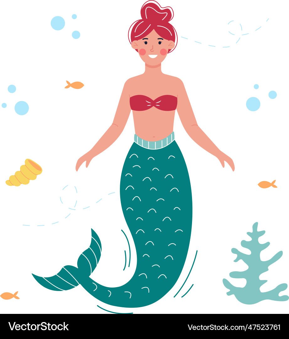 Cute mermaid with fish shells and sea plants Cute mermaid with fish shells and sea plants vector image