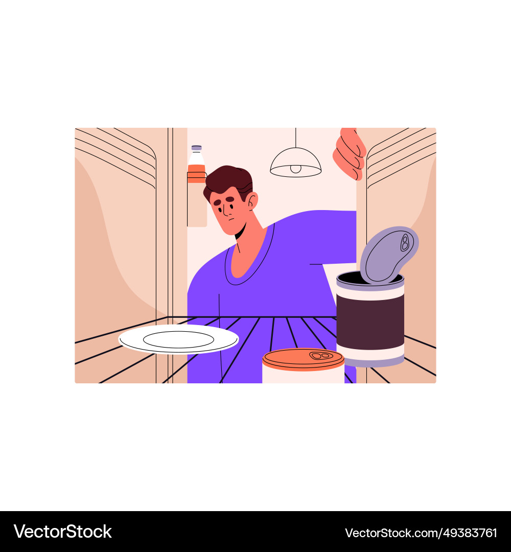 Sad poor man looking in empty fridge inside view Sad poor man looking in empty fridge inside view vector image