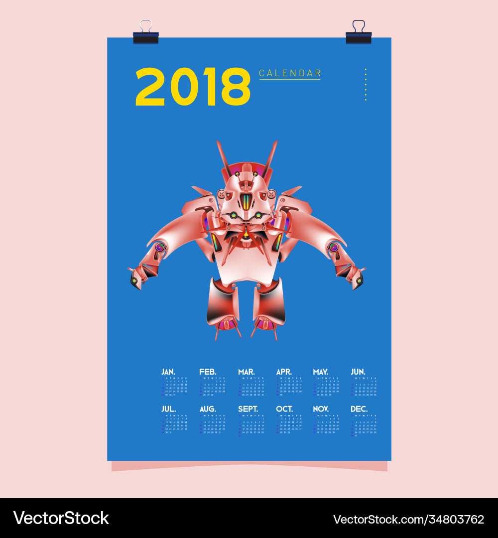 2018 calendar design template 3d realistic robot 2018 calendar design template 3d realistic robot vector image