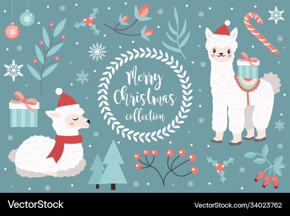 Cute llama in winter forest set objects Cute llama in winter forest set objects vector image