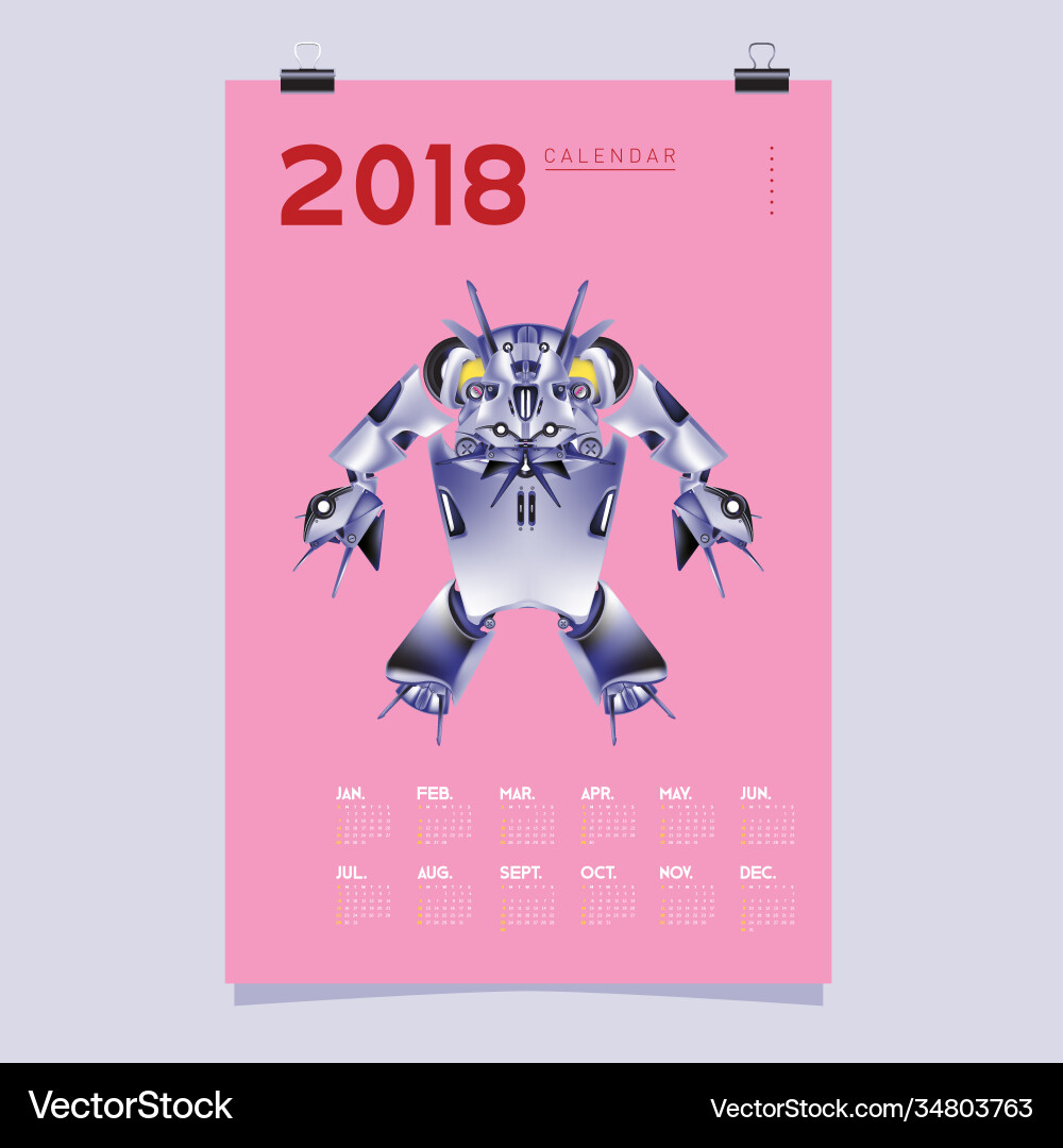 2018 calendar design template 3d realistic robot 2018 calendar design template 3d realistic robot vector image
