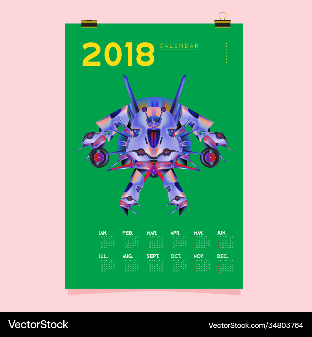 2018 calendar design template 3d realistic robot vector image