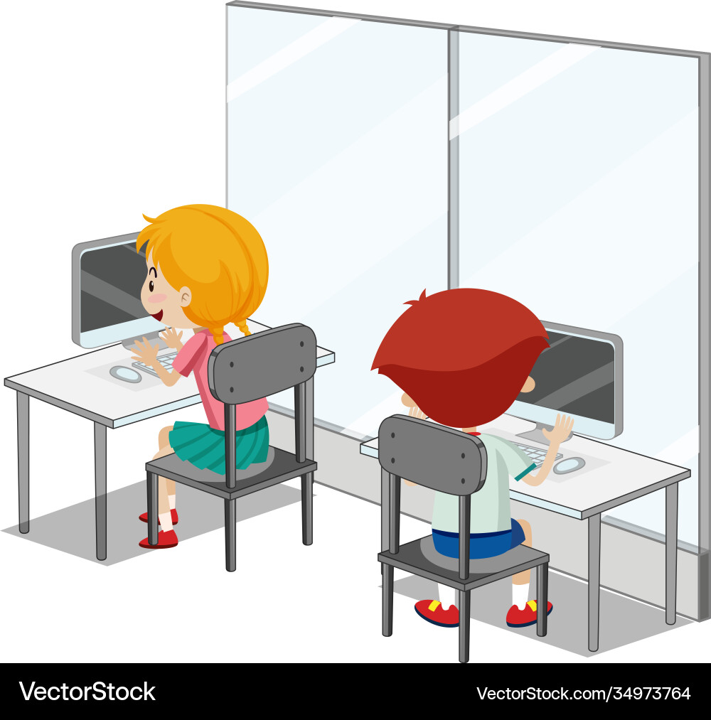 Students with computer classroom elements Vector Image