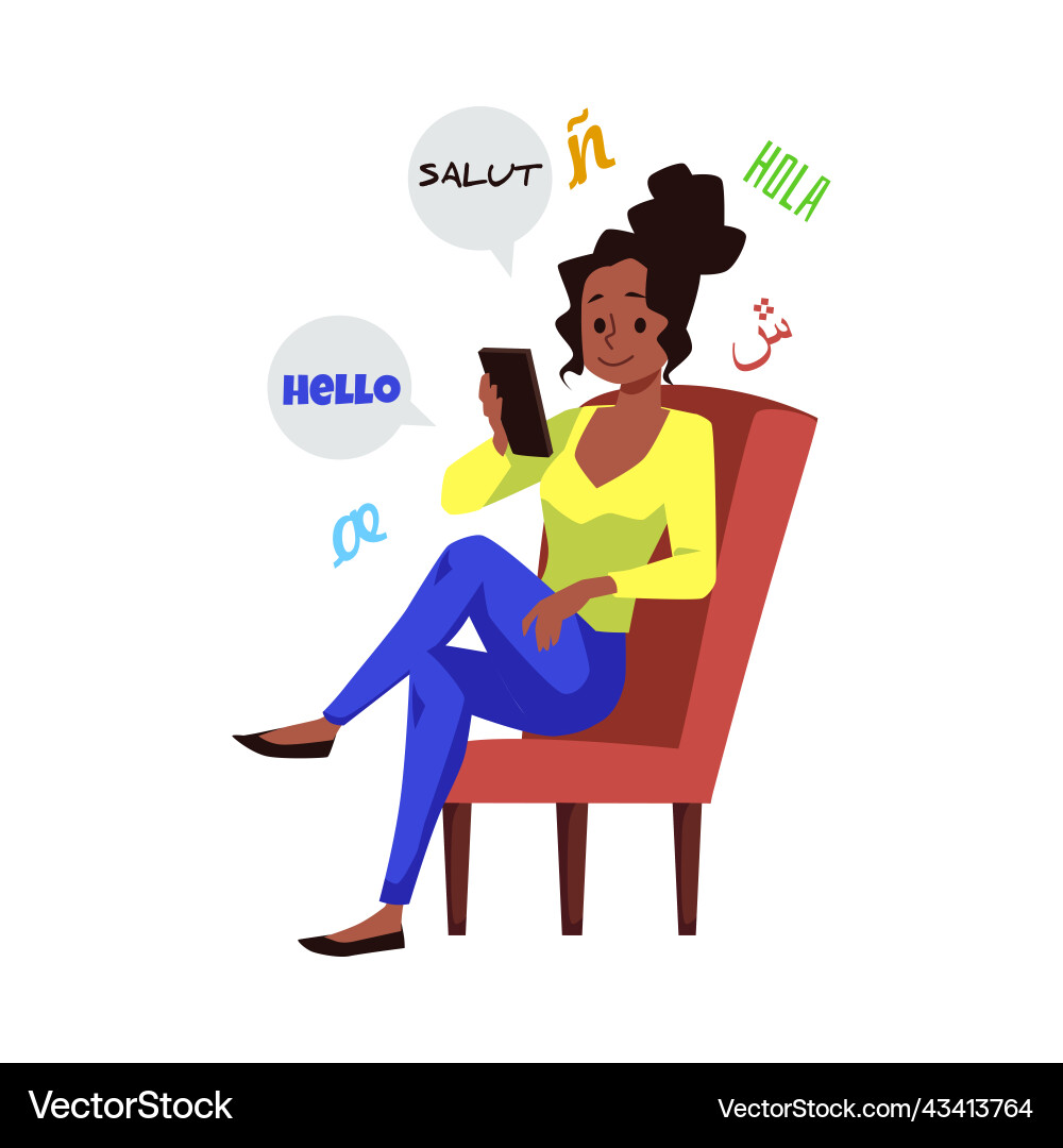 Woman using multilingual app for language learning vector image