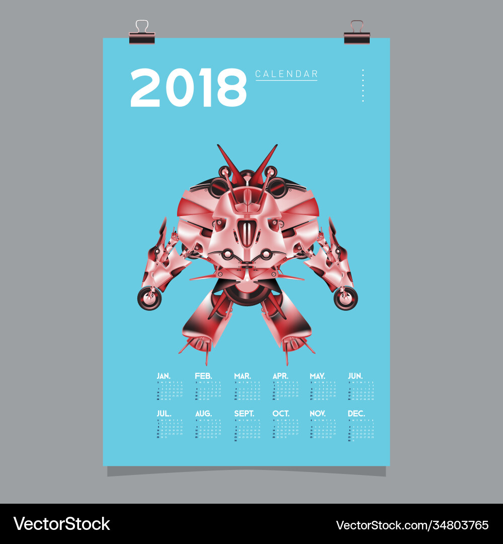 2018 calendar design template 3d realistic robot 2018 calendar design template 3d realistic robot vector image
