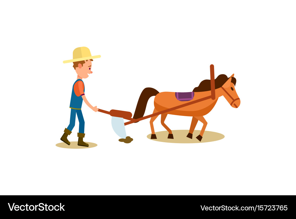 Farmer and Horse Plowing Field Vector Image