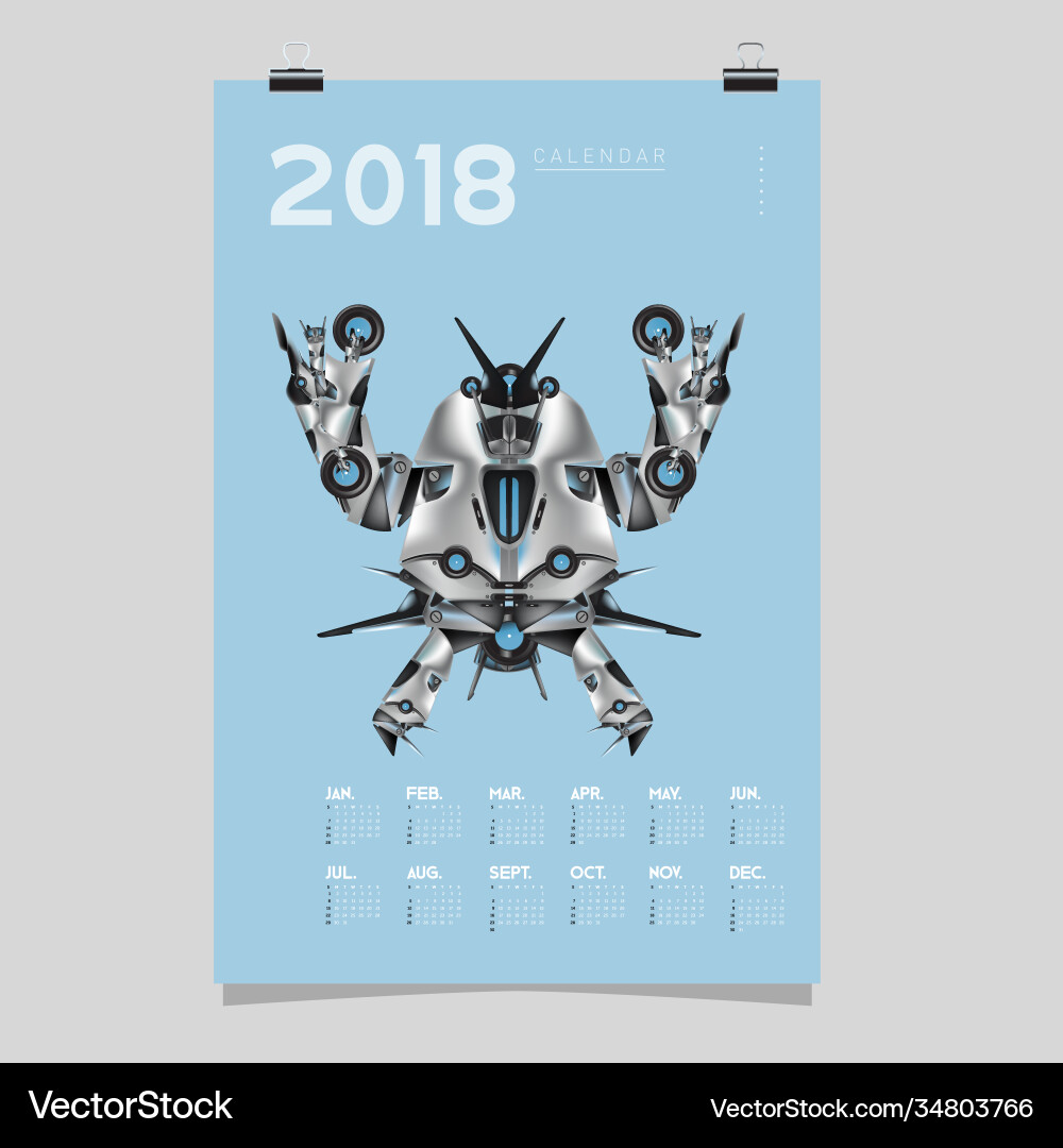 2018 calendar design template 3d realistic robot 2018 calendar design template 3d realistic robot vector image