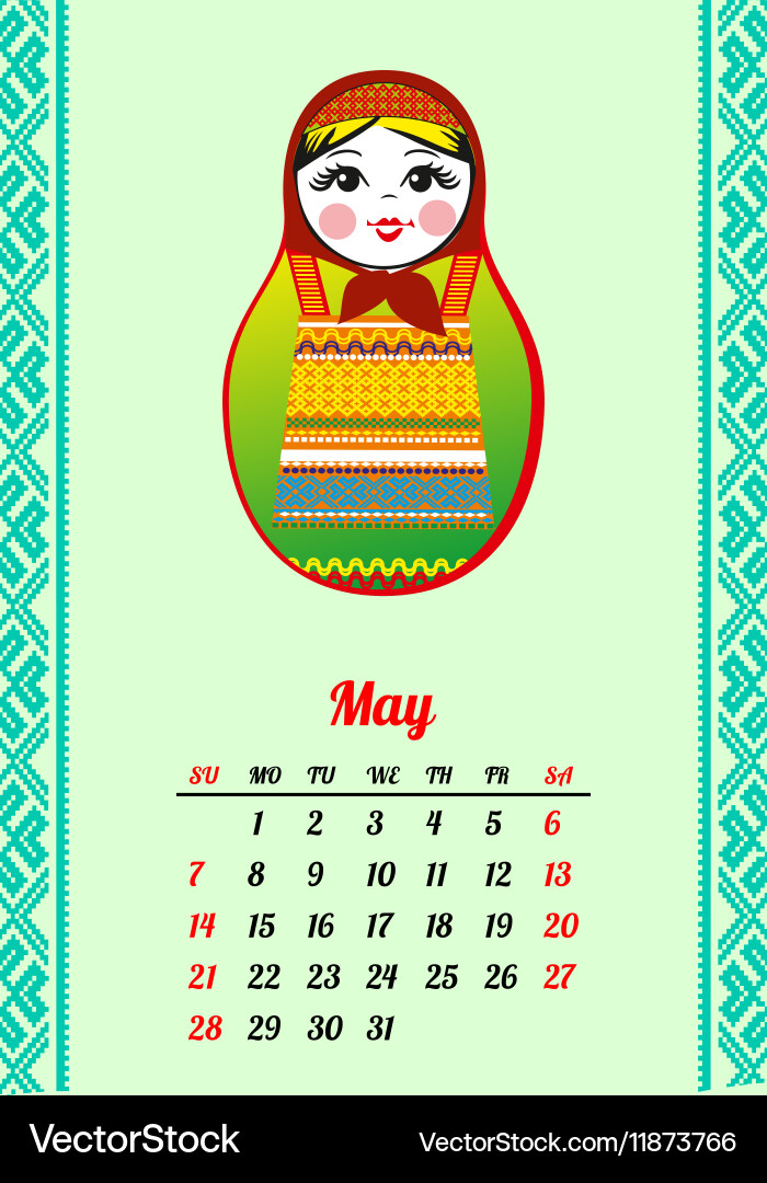Calendar with nested dolls 2017 matryoshka vector image