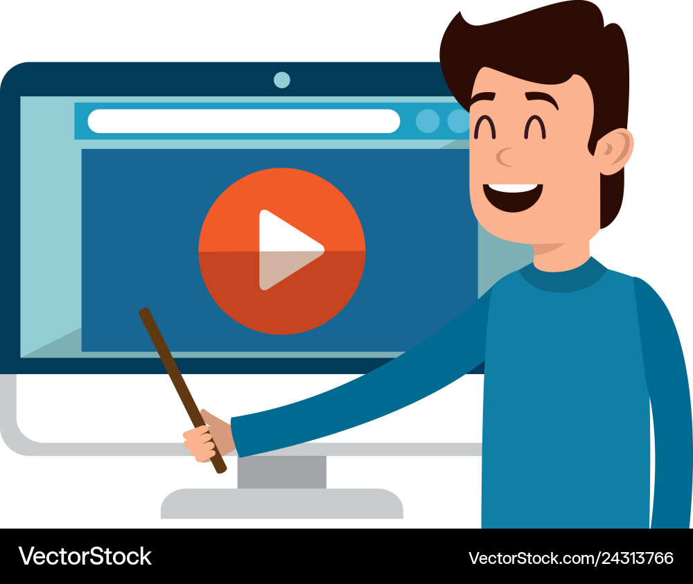 Man teaching with computer and media player Vector Image