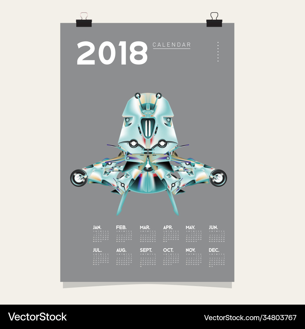 2018 calendar design template 3d realistic robot 2018 calendar design template 3d realistic robot vector image