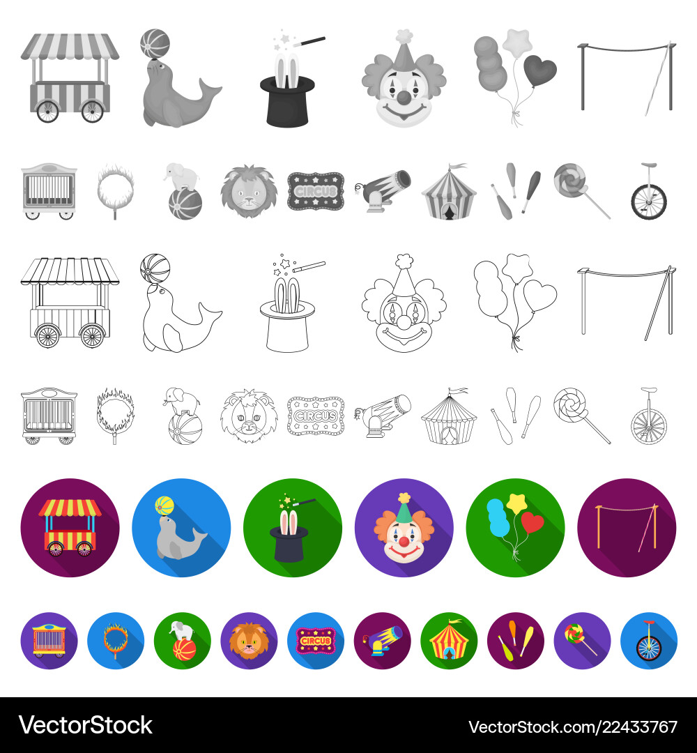 Circus and attributes flat icons in set collection Circus and attributes flat icons in set collection Vector Image