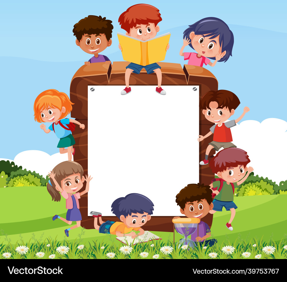 Empty wooden frame with student kids cartoon Empty wooden frame with student kids cartoon vector image