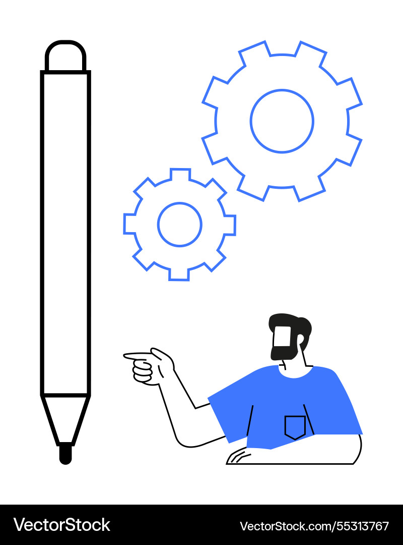 Man pointing at pen and gears conceptualizing Man pointing at pen and gears conceptualizing vector image