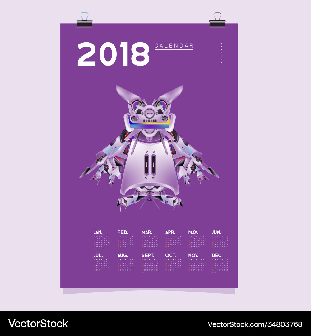 2018 calendar design template 3d realistic robot 2018 calendar design template 3d realistic robot vector image