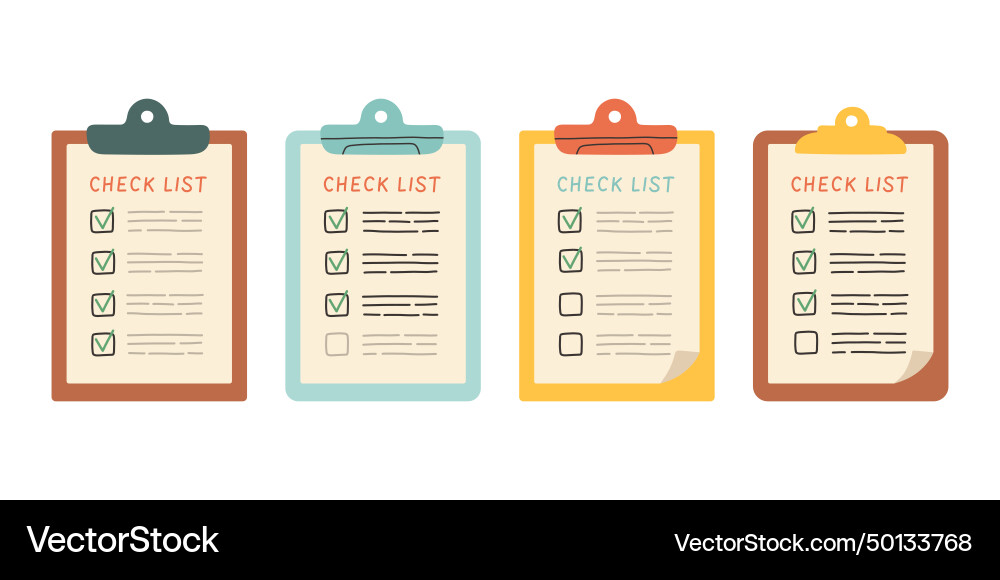 Clipboard with check list set completed task Vector Image