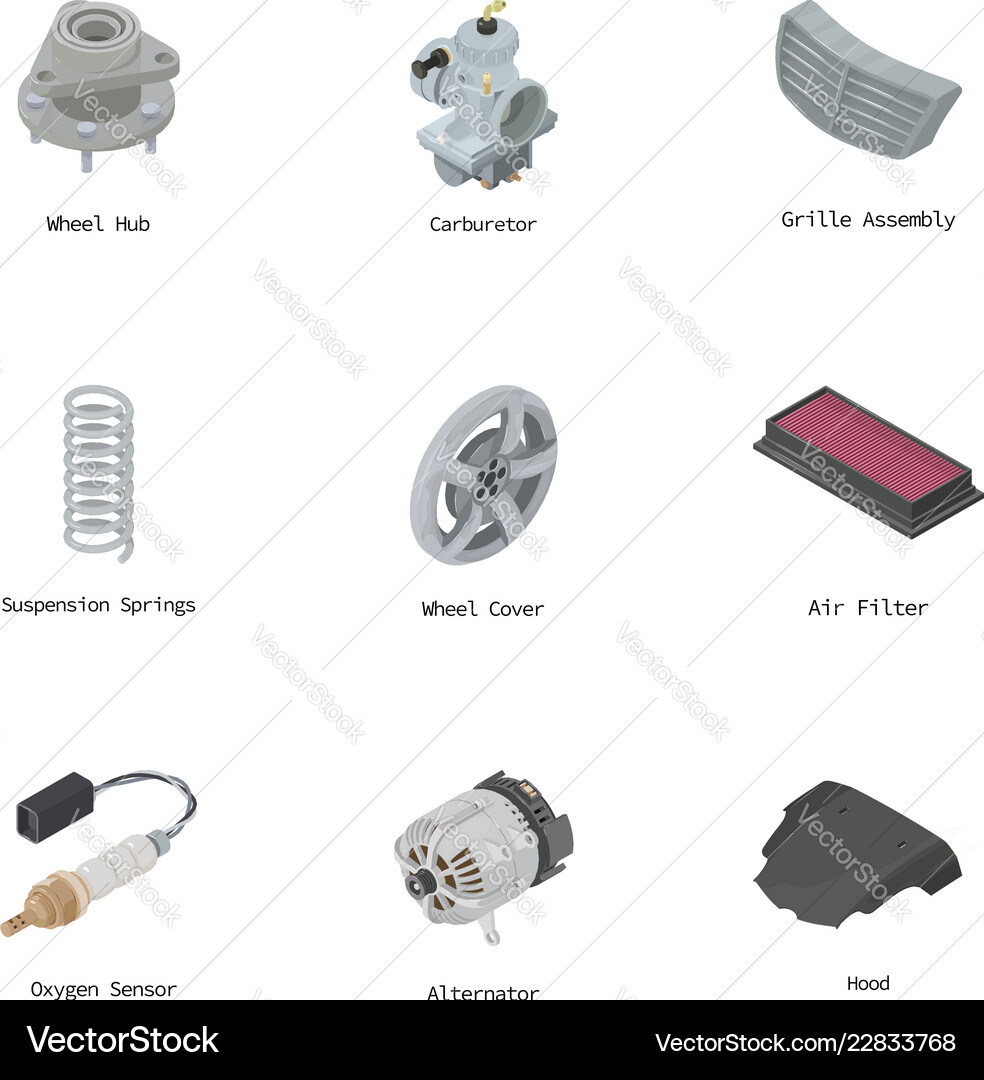 Engine part icons set isometric style Engine part icons set isometric style vector image