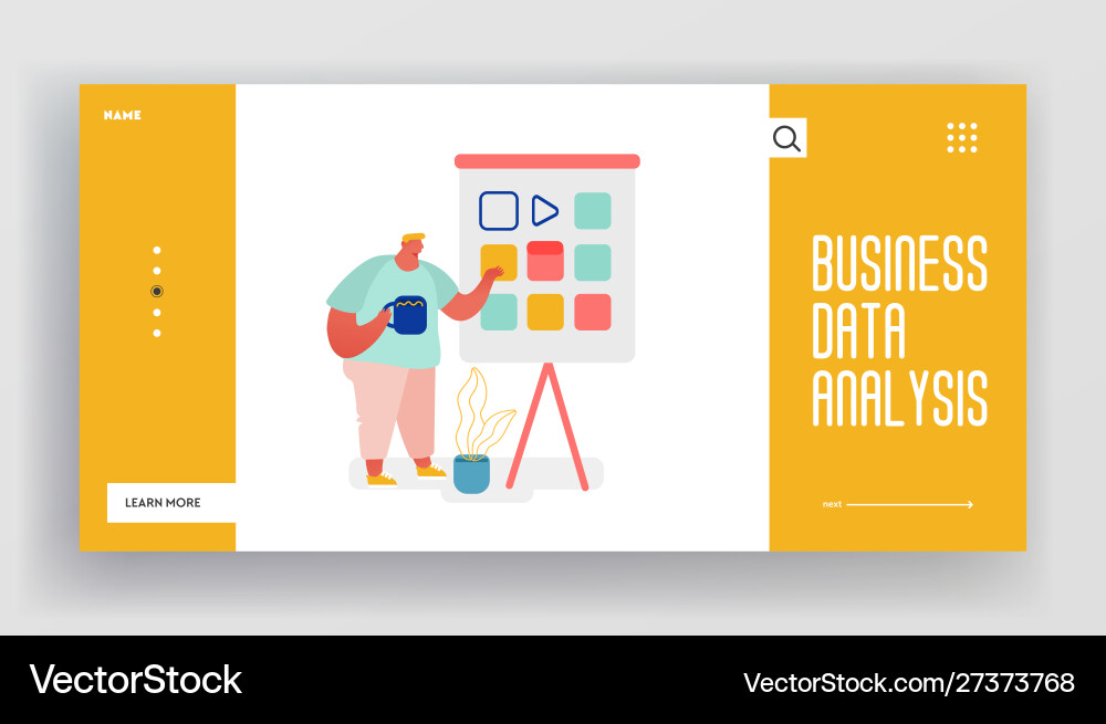 Landing page with man character and colorful chart Landing page with man character and colorful chart Vector Image