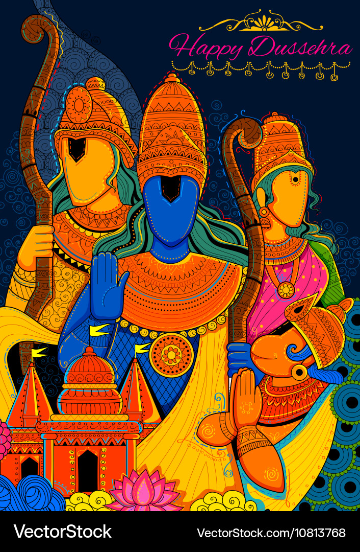 Lord Rama, Sita, Hanuman & Ravana - Dussehra Vector Image