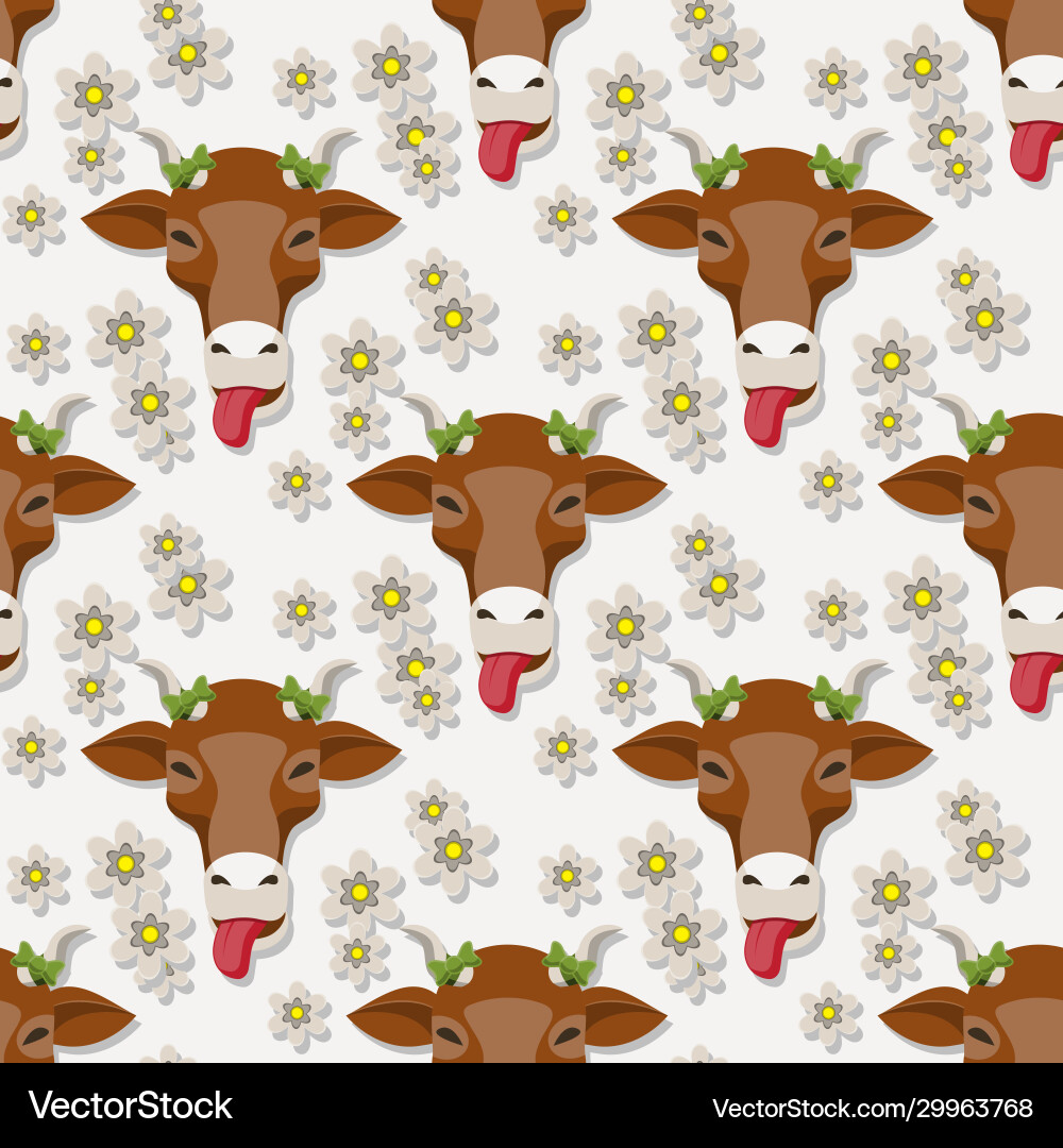 Seamless cow cartoon face flowers pattern Seamless cow cartoon face flowers pattern vector image