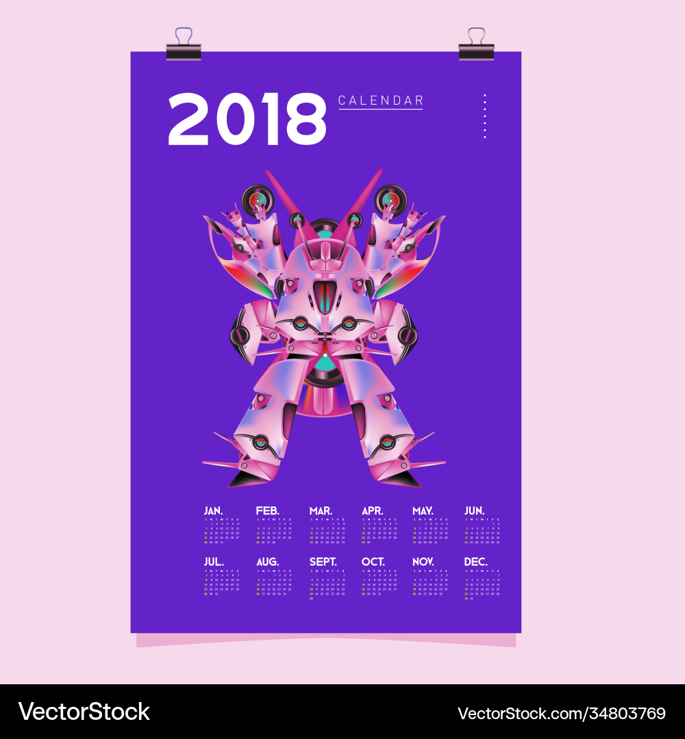 2018 calendar design template 3d realistic robot 2018 calendar design template 3d realistic robot vector image